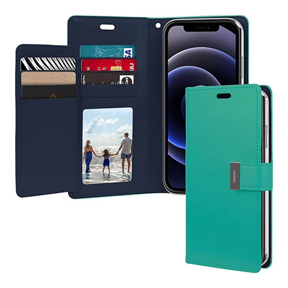 Samsung Galaxy S22+ Teal wallet case with multiple card slot and photo ID
