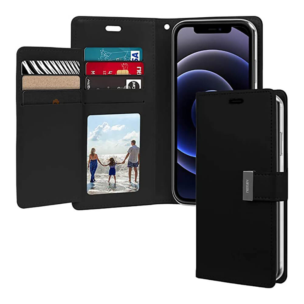 Samsung Galaxy S22+ Black wallet case with multiple card slot and photo ID