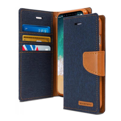 iPhone 15 Blue Fabric Wallet Case with Multiple Card Slot and Photo ID