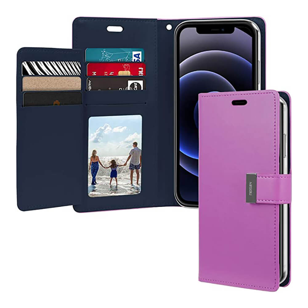 iPhone 13 Pro Max Purple wallet case with multiple card slot and photo ID